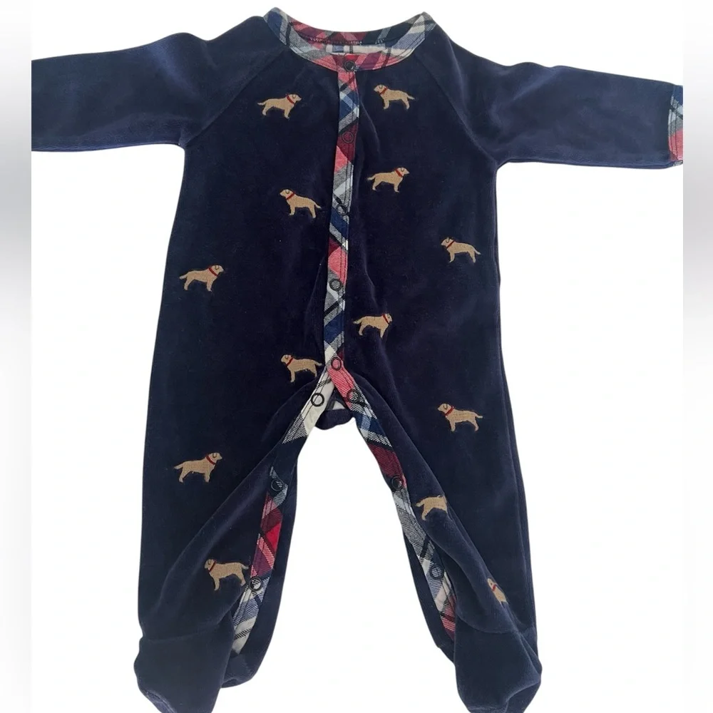 Mud Pie Navy Velour Puppy Dog Footed Sleeper Pajamas 0-3M Plaid Trim Unisex