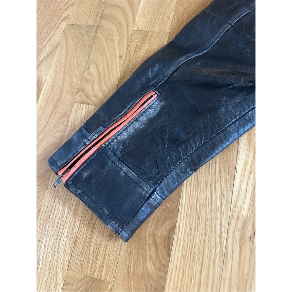 Men's Black Leather Biker Jacket Orange Stripe Vintage Retro Café Racer Coat 2XL