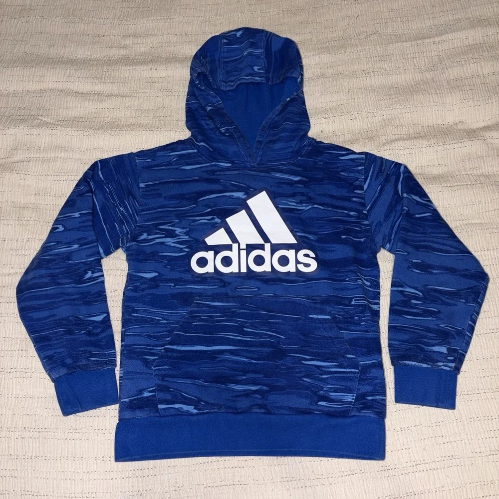Adidas Hoodie Youth Medium Blue Camo Logo Pullover Sweatshirt Boys Girls‎