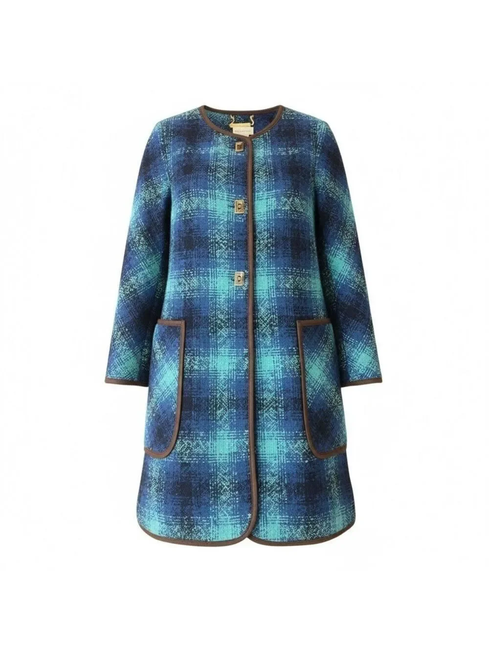 Soft Surroundings Blue Bouclé Plaid Longline Coat Metal Toggle XS EUC