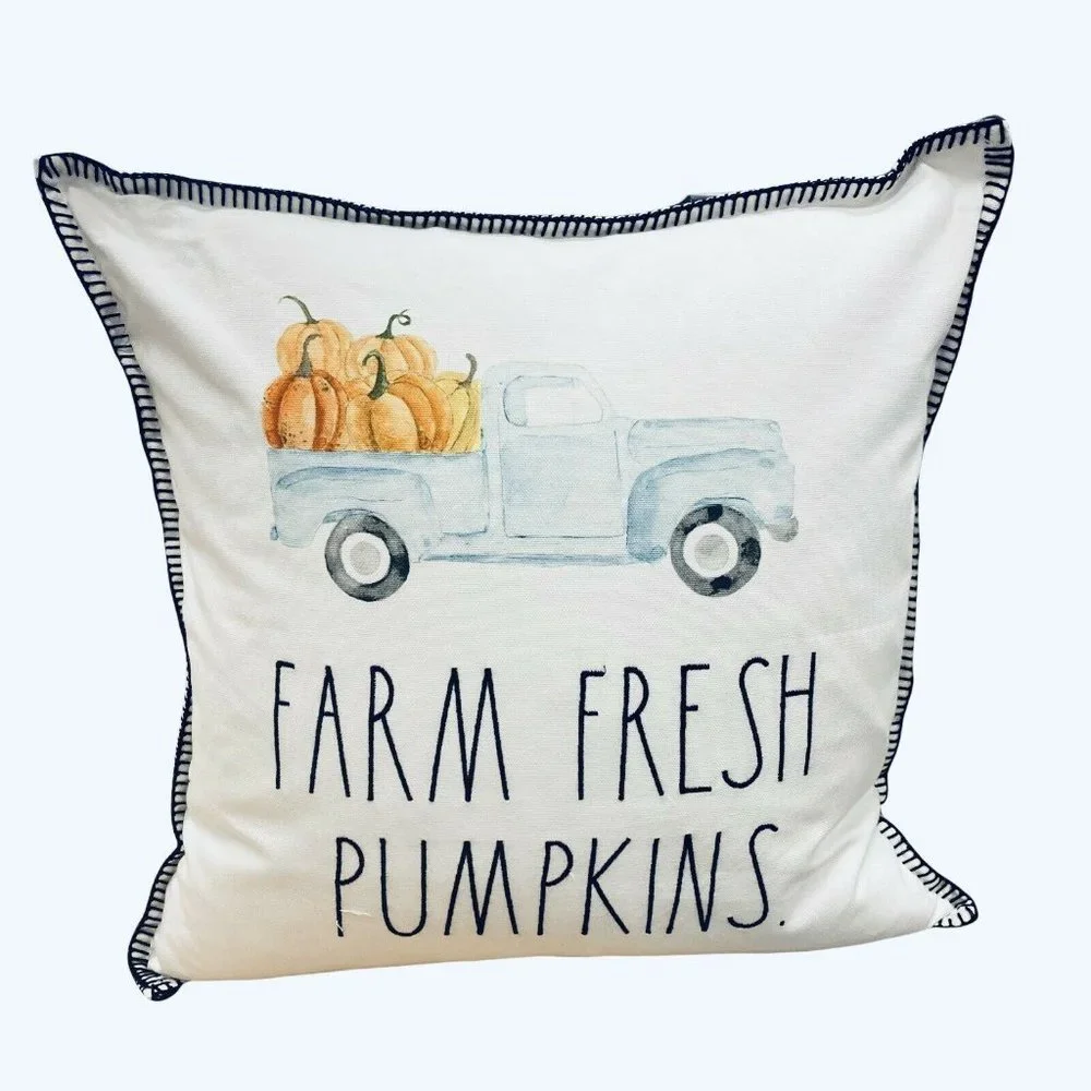 Rae Dunn‎ Fall Throw Pillow FARM FRESH PUMPKINS Blue Pickup Truck NWT 20”x20”