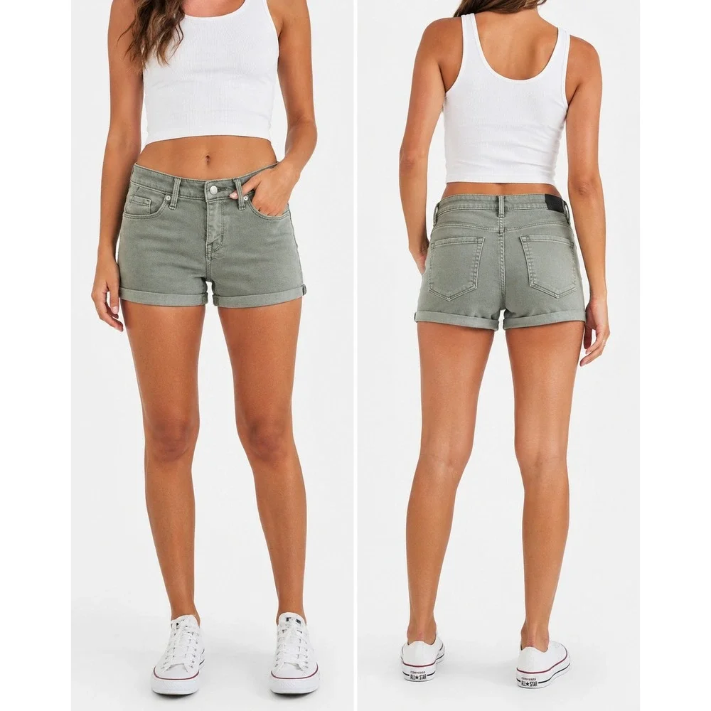 Mossimo Denim Shorts Olive Green Mid-Rise Midi Cuffed Stretch 2/26R Summer, Boho