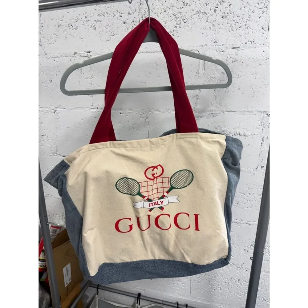 Gucci Upcycled Canvas Tote Red Straps Green Tennis Graphic - Denim Pockets
