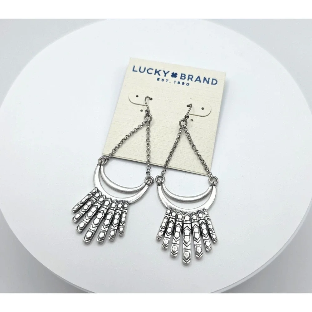 New!‎ LUCKY BRAND Fringe Earrings Etched Silver Tone Dangle Drop 3