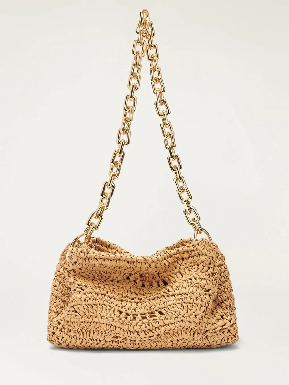 NWOT ZARA Woven Tan Straw Summer Shoulder Bag with Heavy Gold Chain