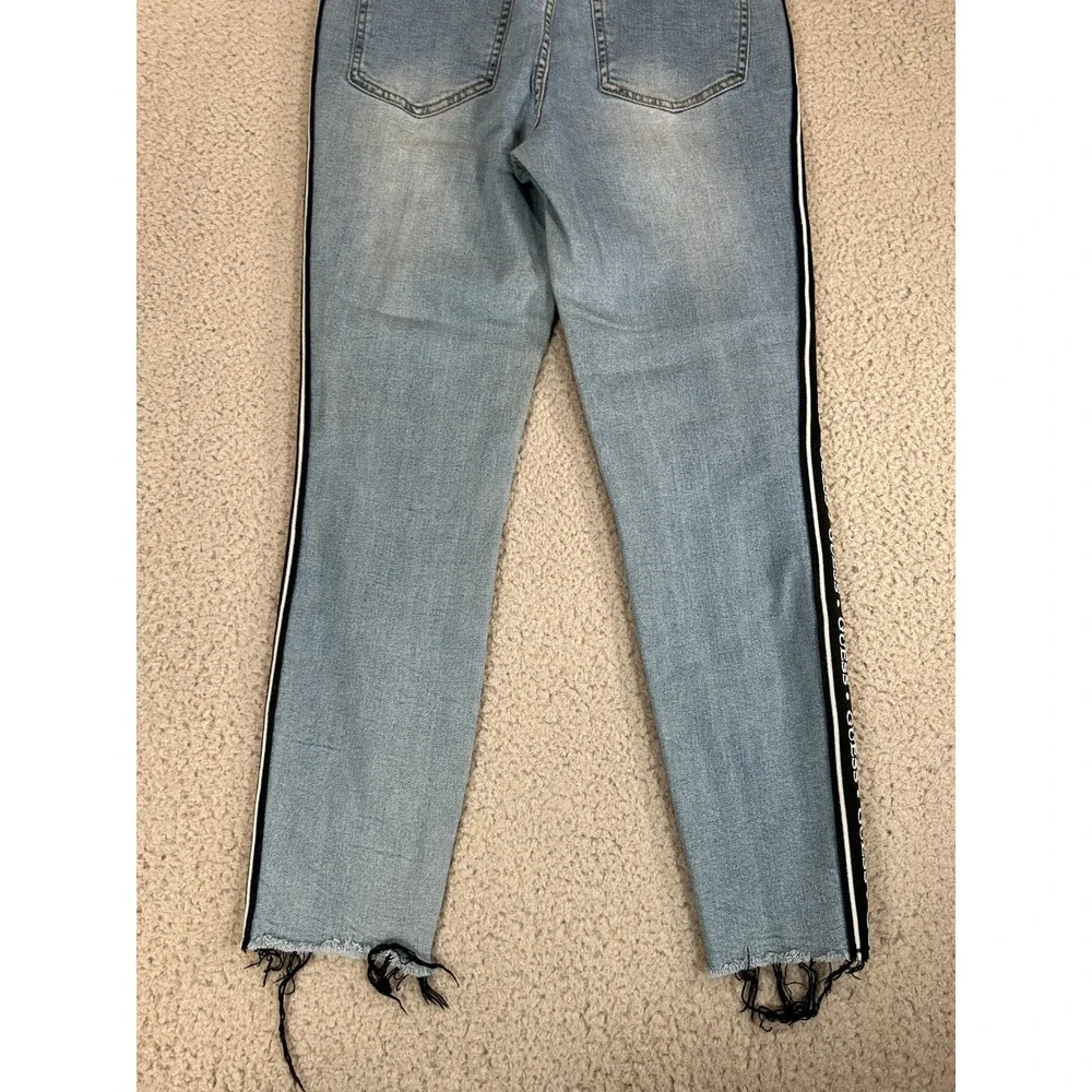 Guess Los Angeles Womens Light Wash Logo Side Stripe‎ Raw Hem Skinny Jeans Blue