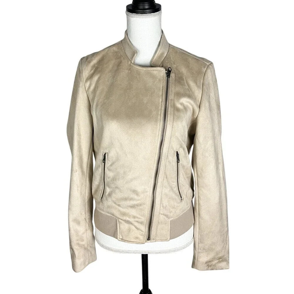 Banana Republic Size‎ M Faux Suede Moto Bomber Jacket Tan Asymmetrical Zipper