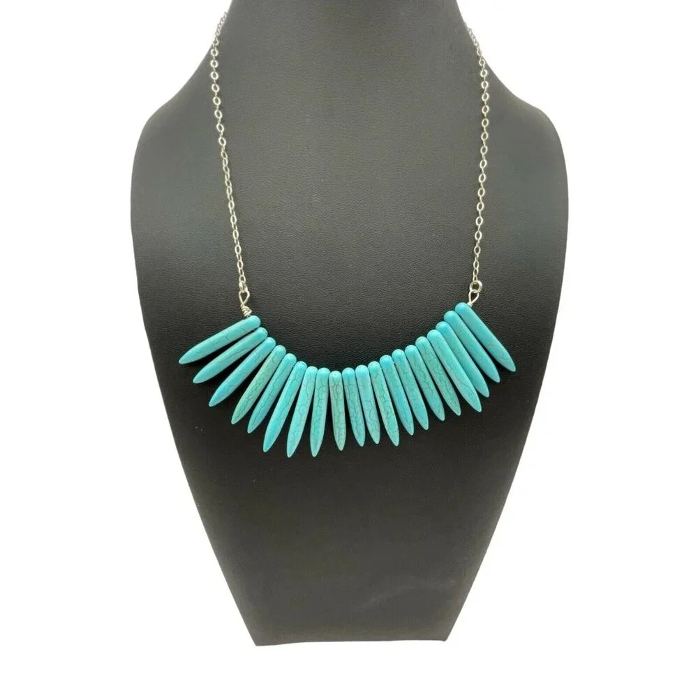Blue Howlite Turquoise Graduated Spike Points Beads Sterling Silver 925 Necklace