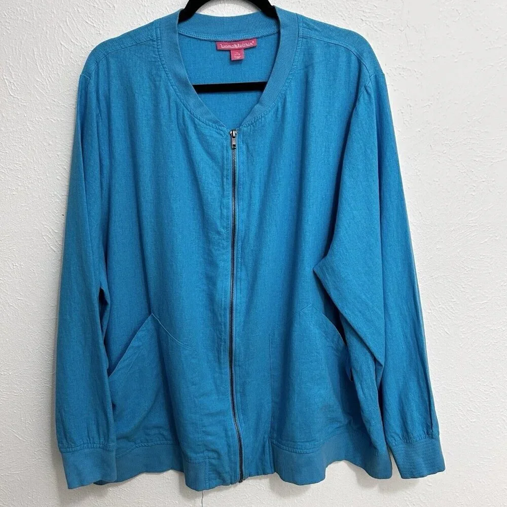 Woman Within Size 2X (18 / 20) Jacket Zipper Front Linen Rayon Blend Cyan Blue‎