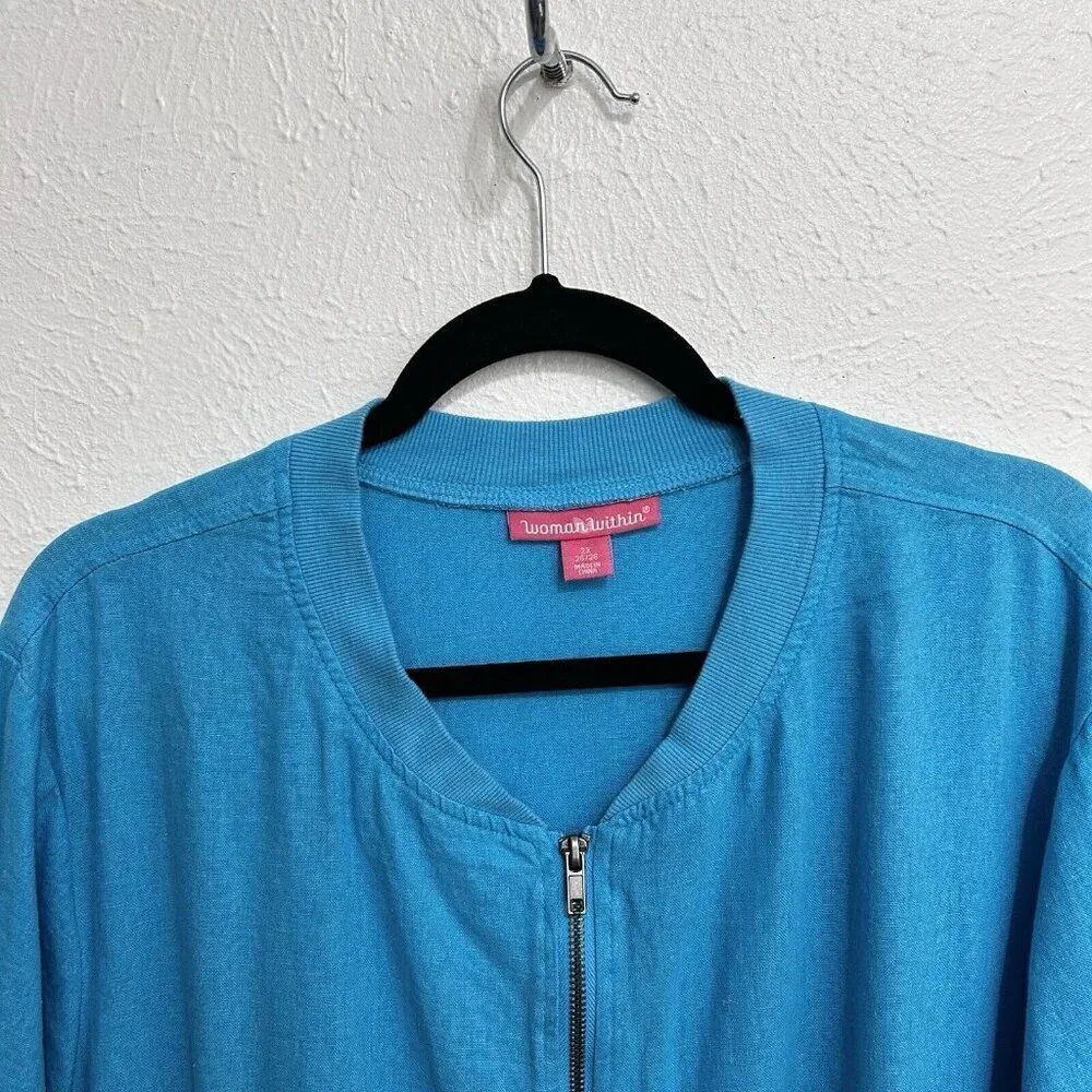 Woman Within Size 2X (18 / 20) Jacket Zipper Front Linen Rayon Blend Cyan Blue‎