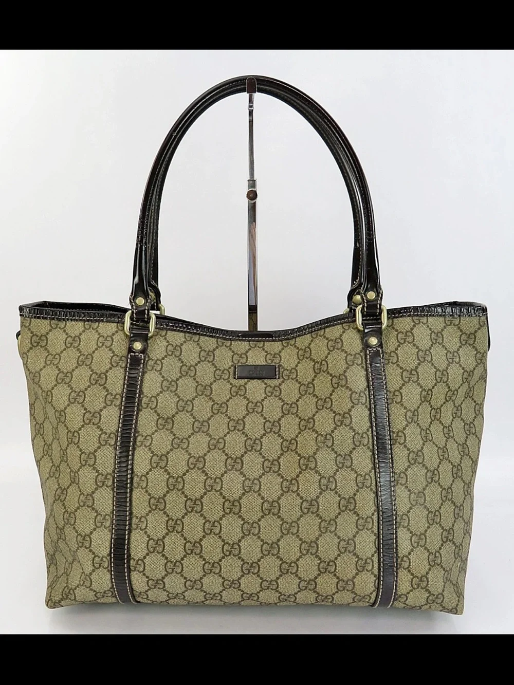 Gucci Beige GG Canvas Tote with Brown Leather Trim