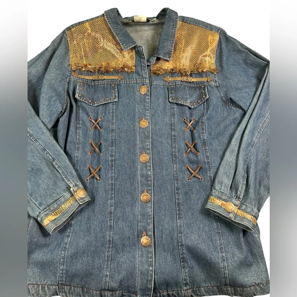 VTG 90s Nancy Bolen Western Boho Denim Shacket Snake Print Feather Trim Sz 18‎