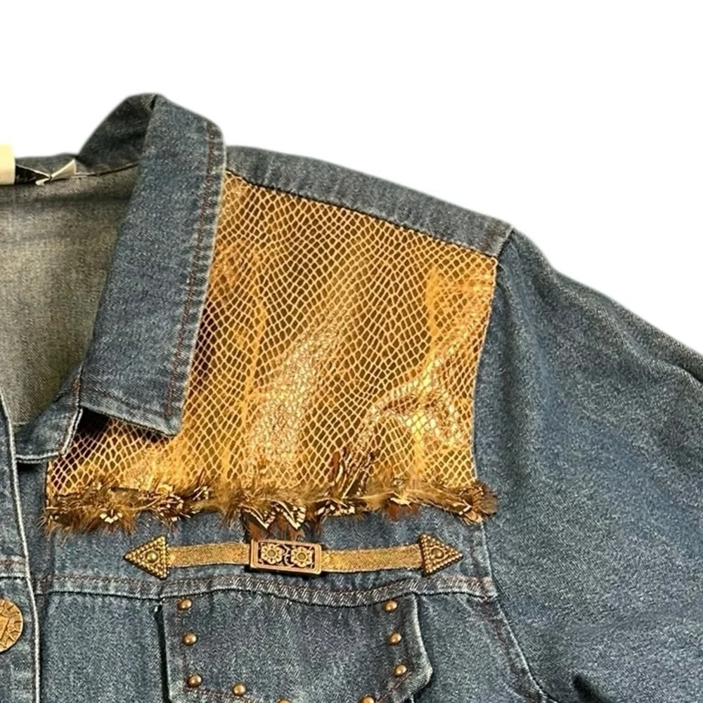 VTG 90s Nancy Bolen Western Boho Denim Shacket Snake Print Feather Trim Sz 18‎