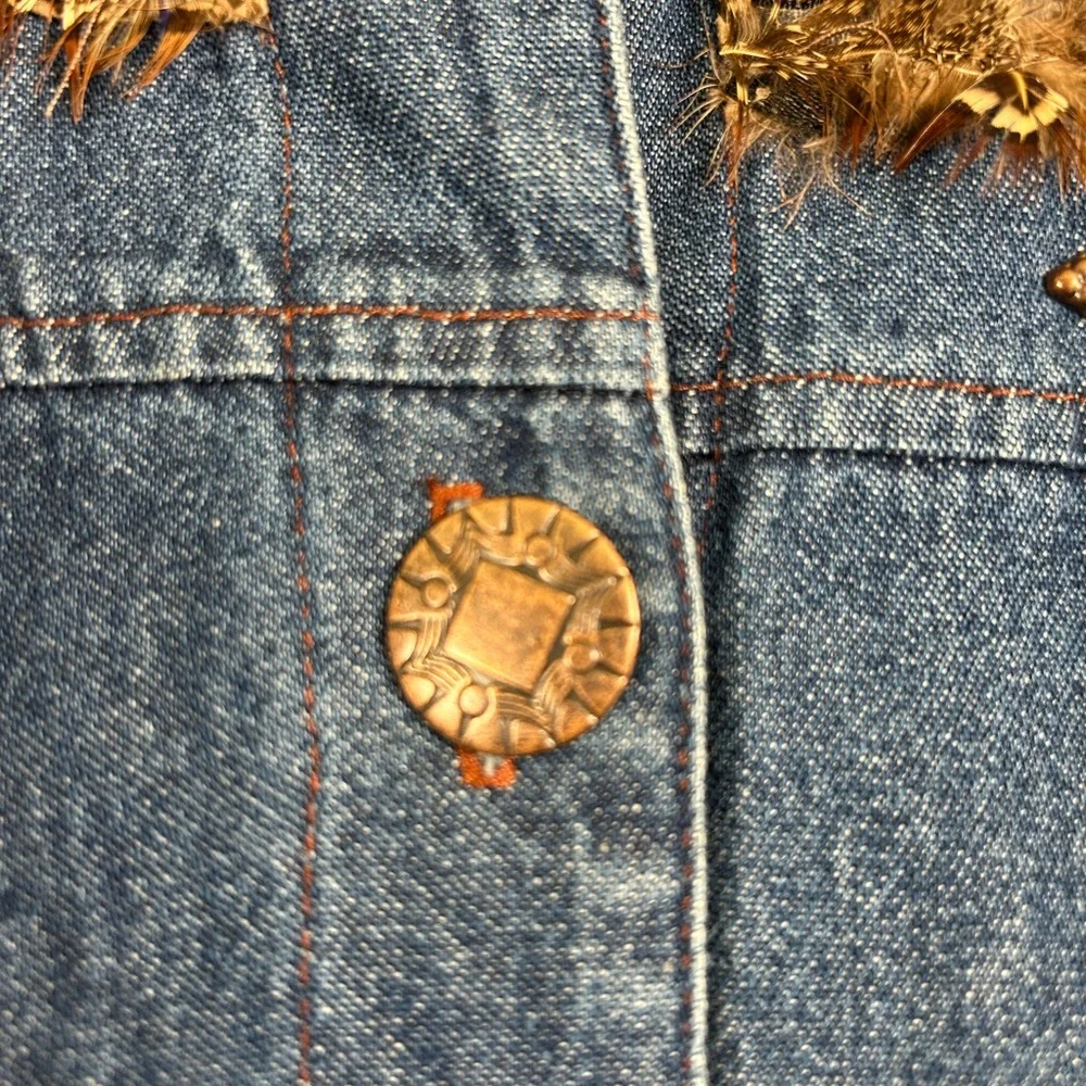 VTG 90s Nancy Bolen Western Boho Denim Shacket Snake Print Feather Trim Sz 18‎