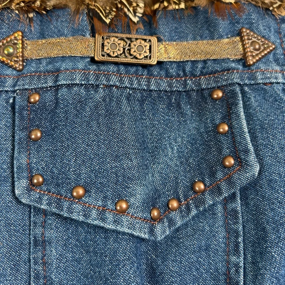 VTG 90s Nancy Bolen Western Boho Denim Shacket Snake Print Feather Trim Sz 18‎