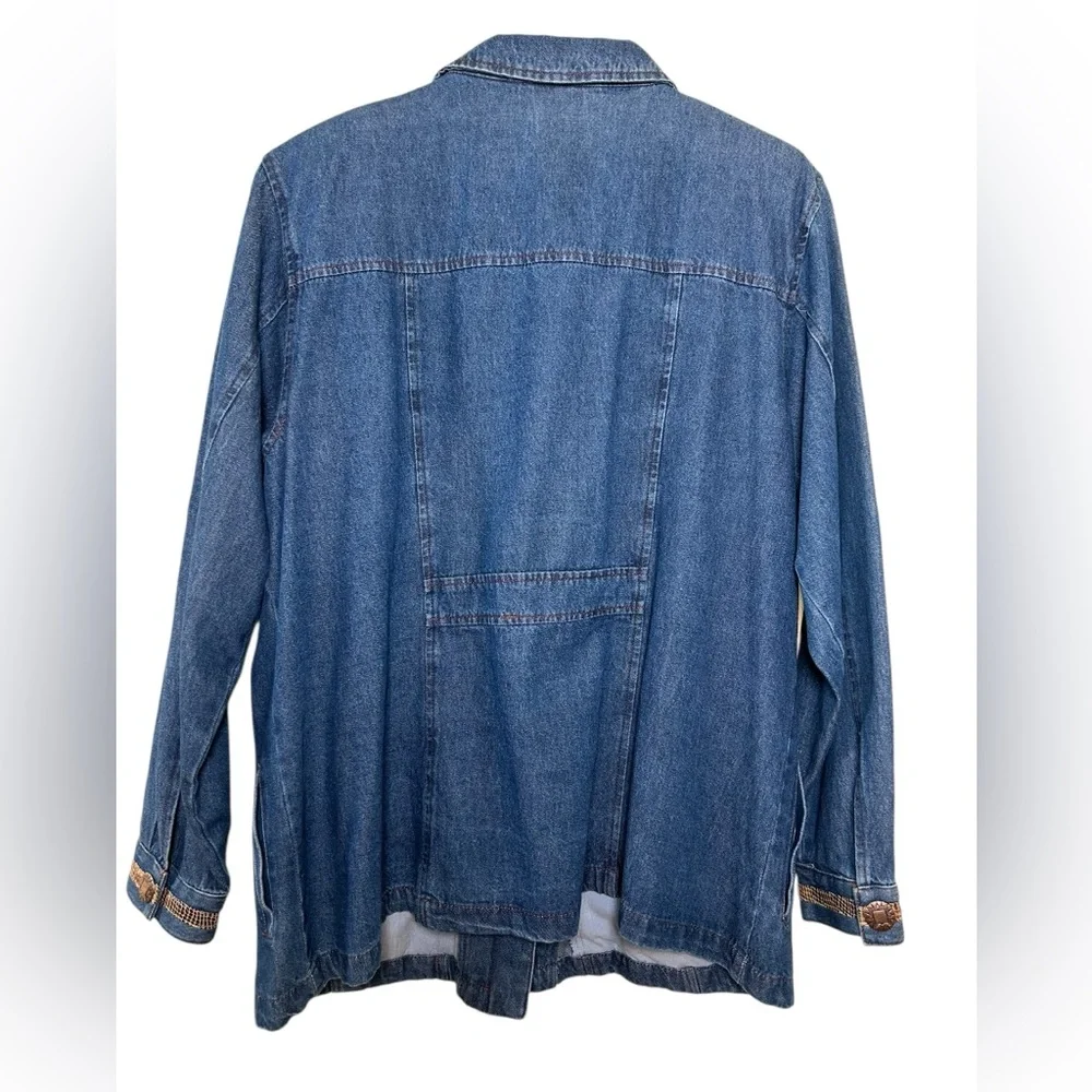 VTG 90s Nancy Bolen Western Boho Denim Shacket Snake Print Feather Trim Sz 18‎