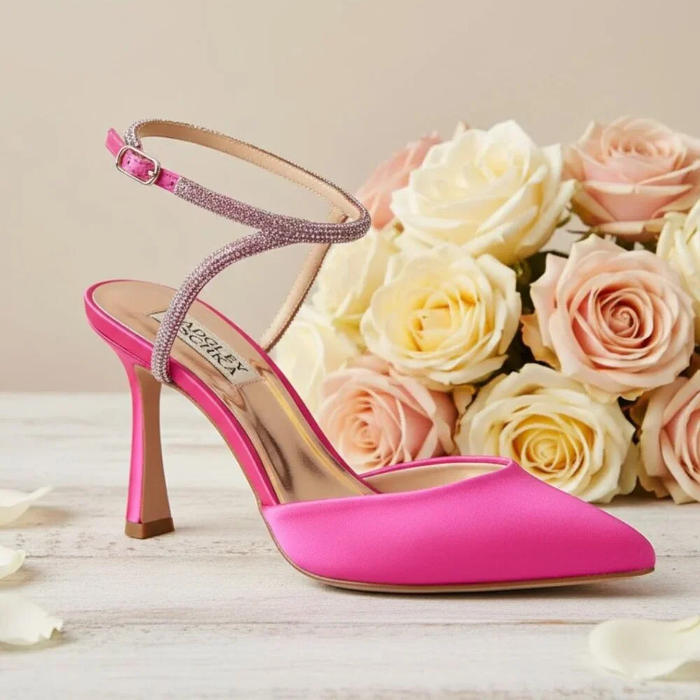 Badgley Mischka Size 5.5 Kamilah Hot Pink Jeweled Point Toe‎ Heels Pumps Shoes