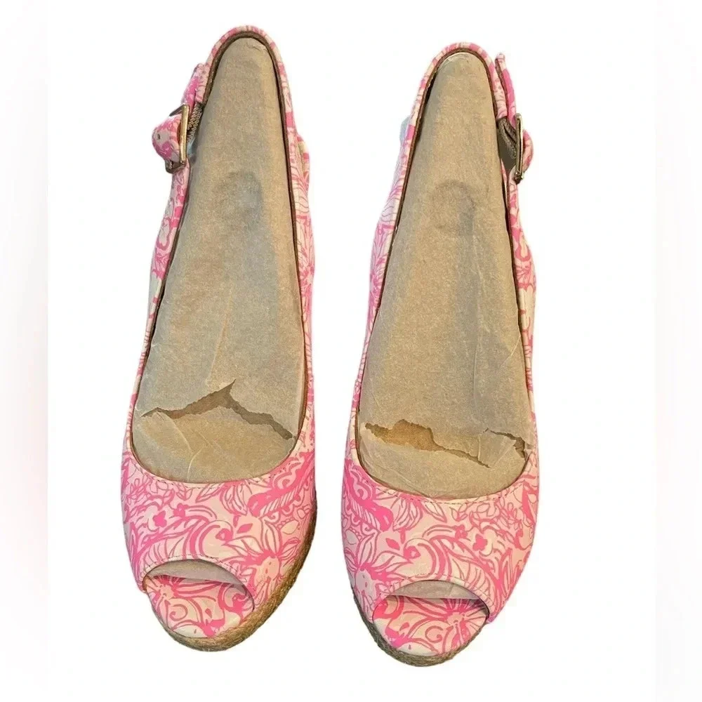 🎀 Lilly Pulitzer Krisie Pink Leather Cork Wedges 💕 Size 6 Barbiecore‎ 🎀