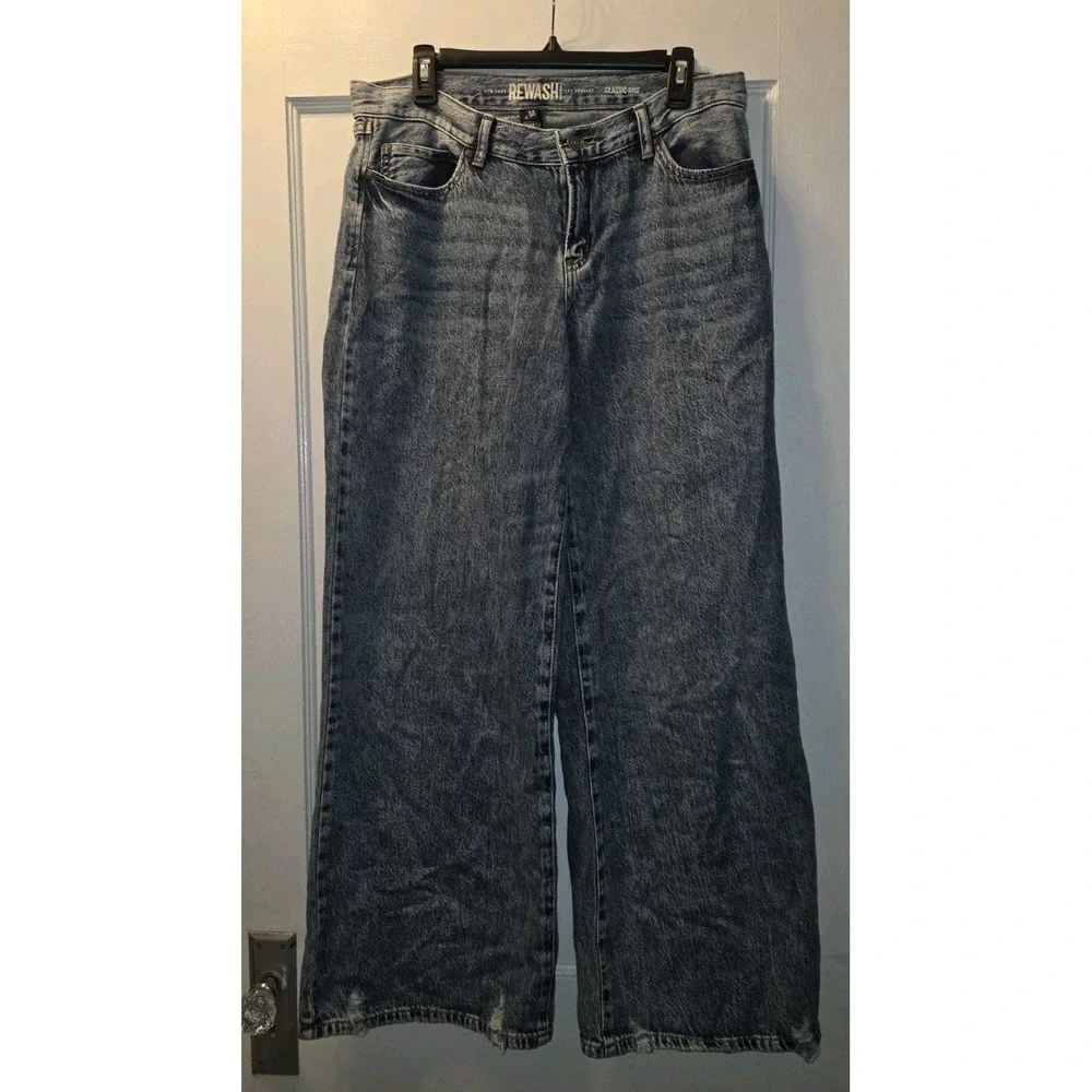 Rewash Jeans Women 11/30 Medium Acid Wash Wide Leg Distressed Zip Fly Eco Denim