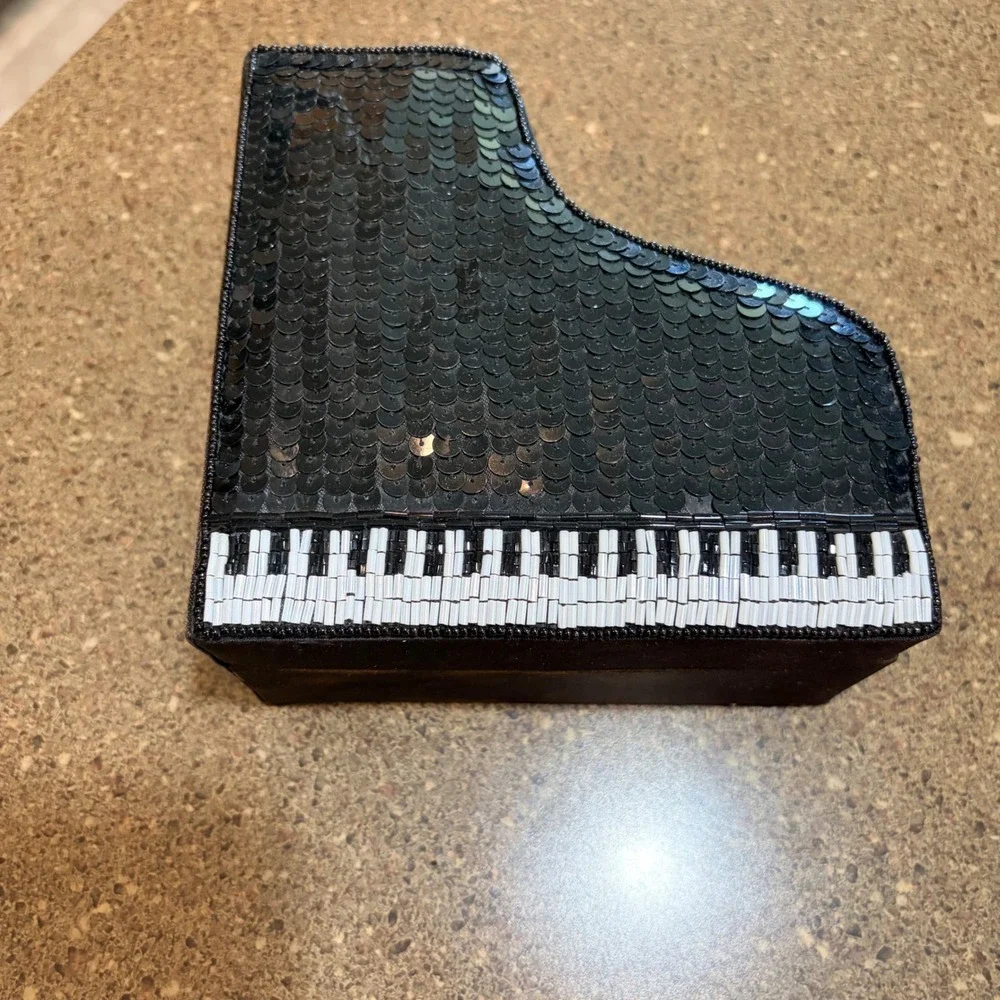 Grand Piano Sequin Beaded Jewelry Trinket Box Black White