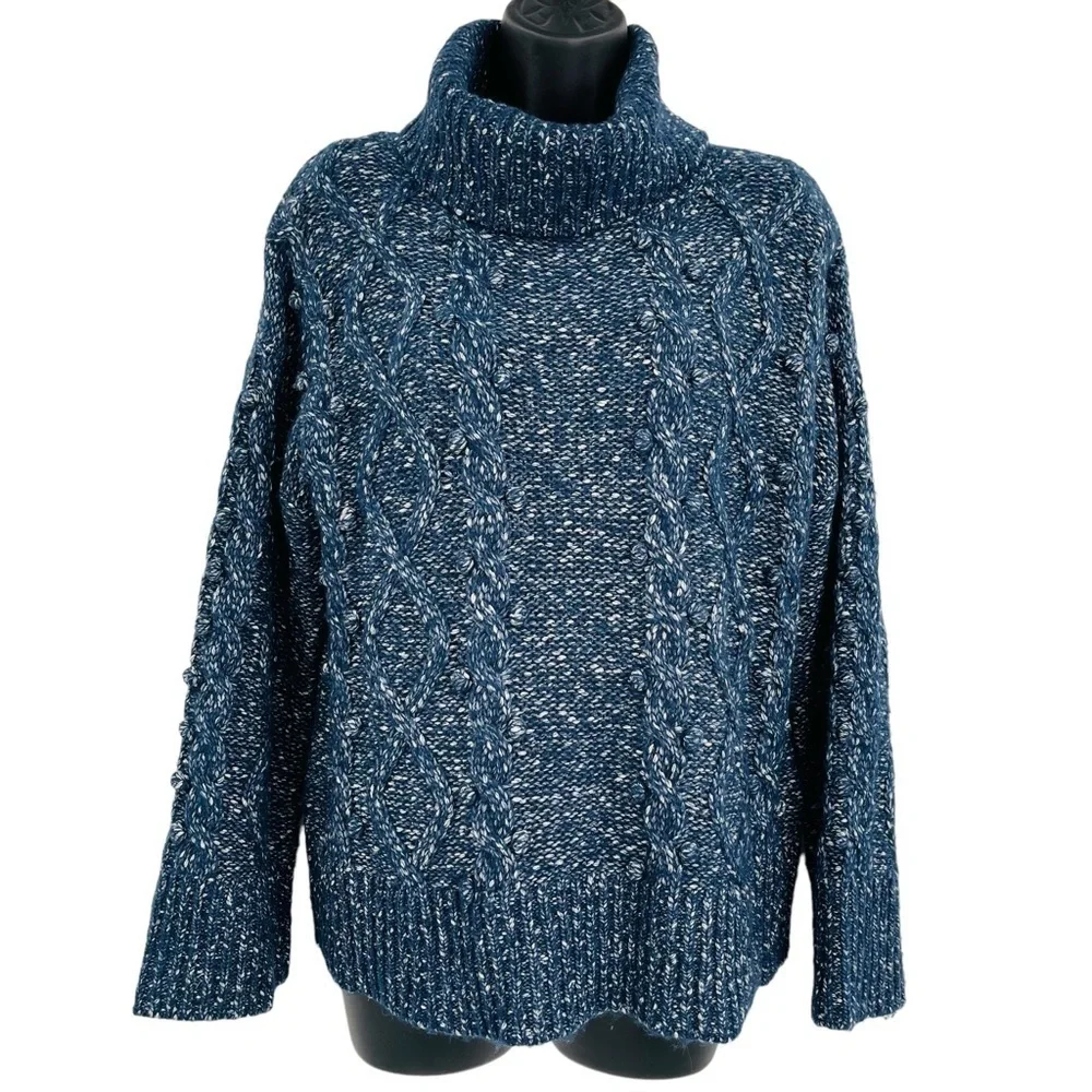 Kate Spade chunky cable‎ knit sweater turtleneck bobble knit blue women's size S