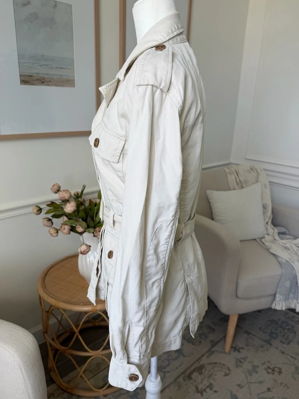 Banana Republic Heritage Linen Blend Safari Jacket Ivory Belted Utility Jacket