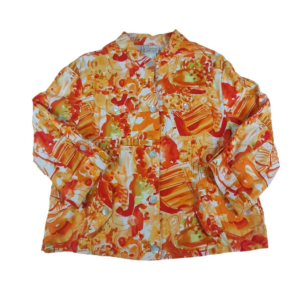 Vintage Company Collection Linen Blend Jacket Womens 14 Orange Abstract Floral