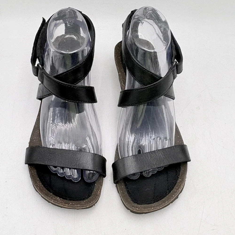 Teva Wedge Sandals Women 8.5 Black Excellent Leather Cork Ankle Strap Comfort