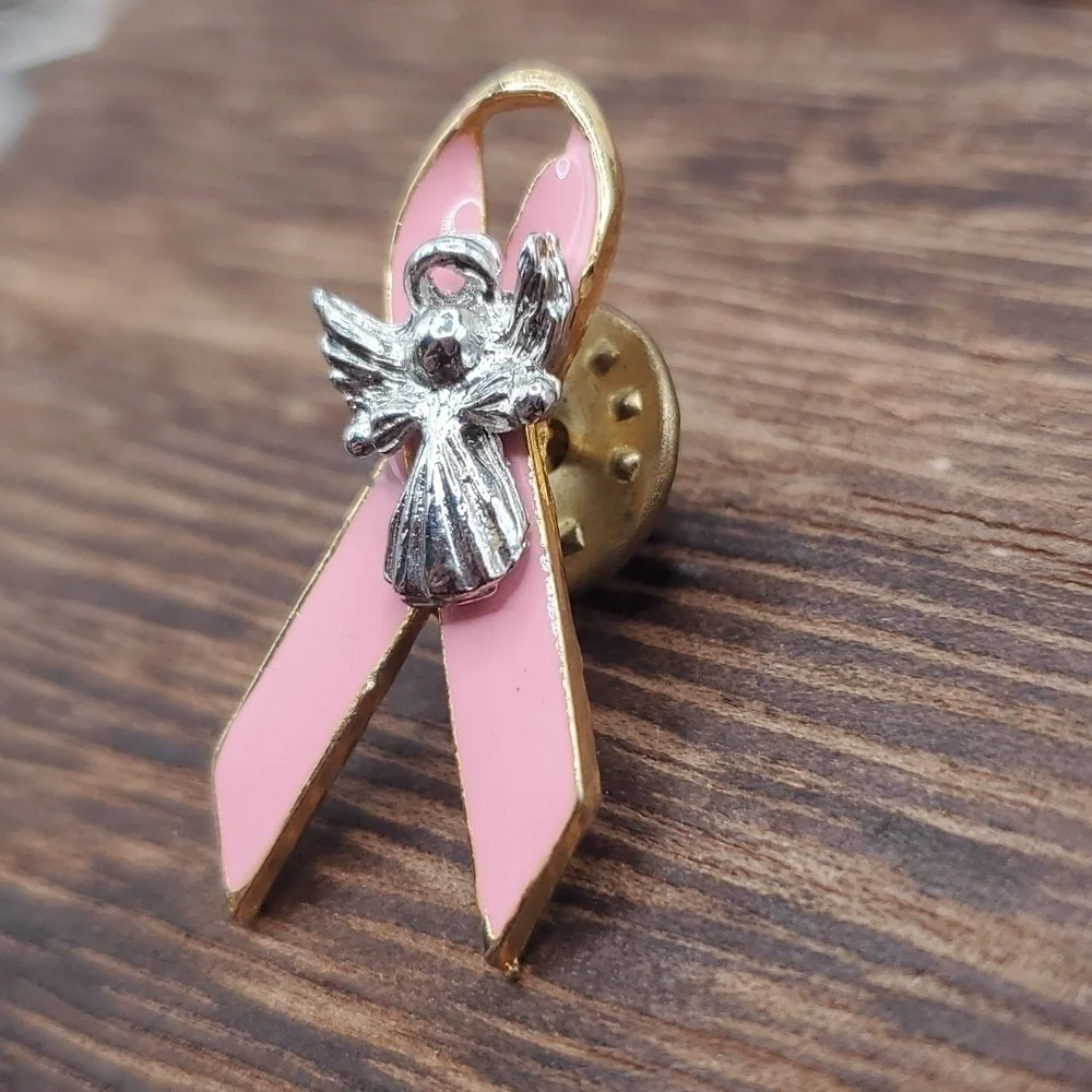 B676 guardian angel pink‎ ribbon brooch