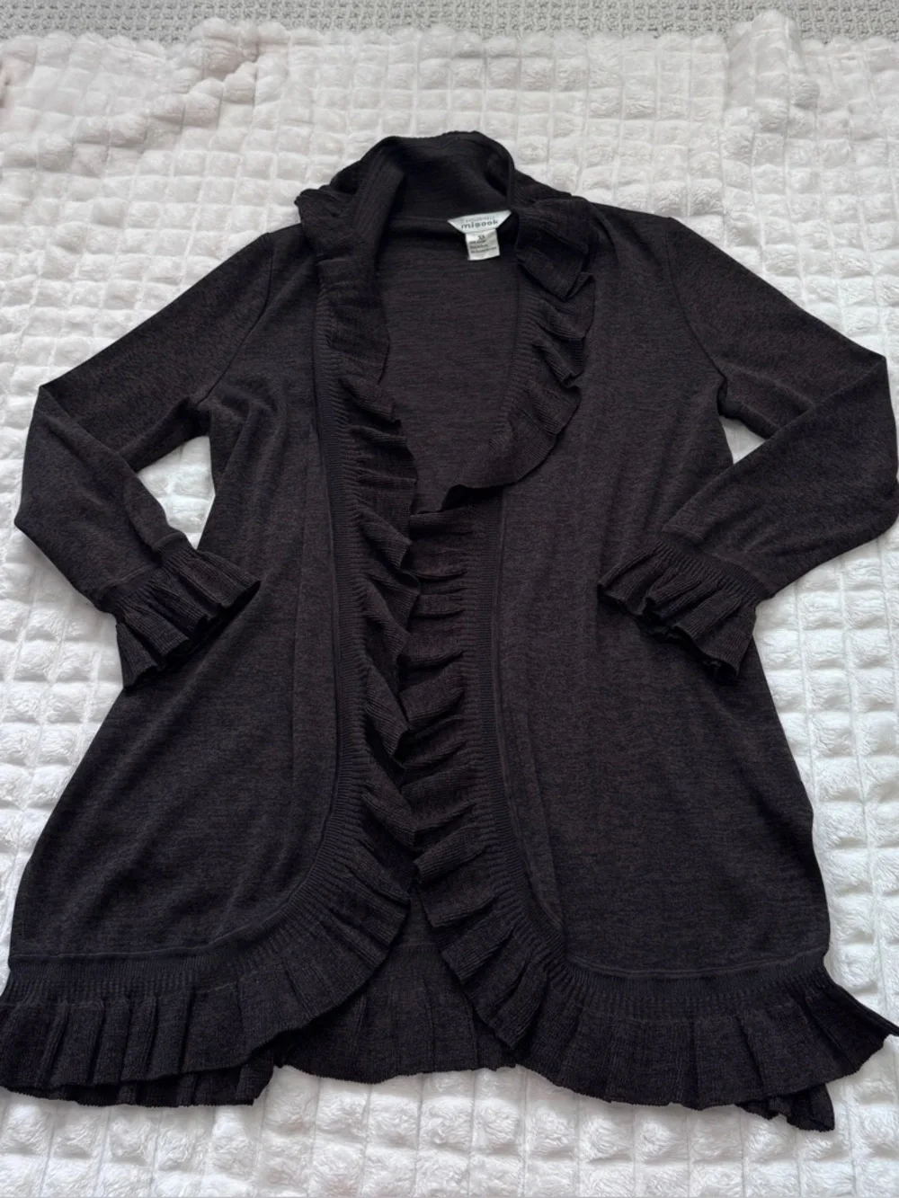 Exclusively Misook XS Brown Ruffle Trim Cardigan Sweater ~ Quiet Luxury Classic