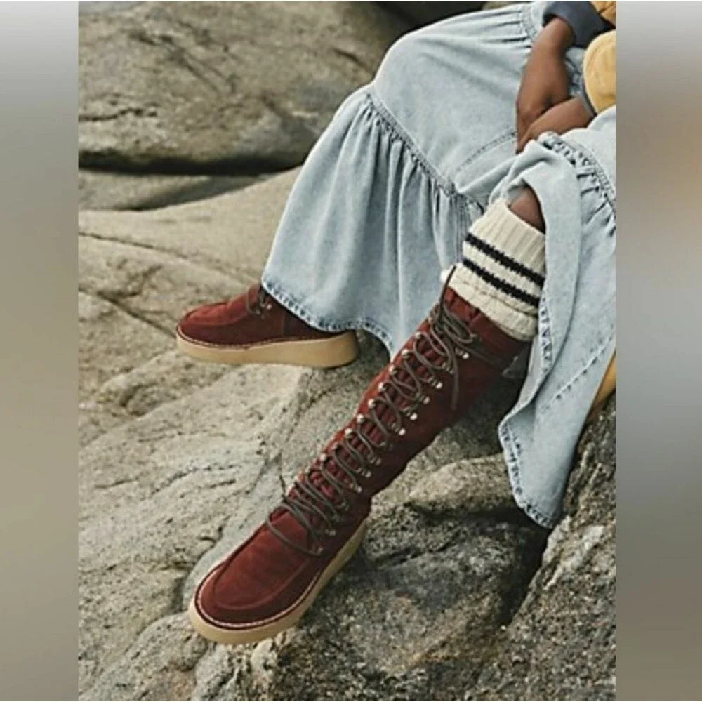 Free People Ava Suede Tall Lace-up Wedge Boot Moccasin Inspired Round Toe 39