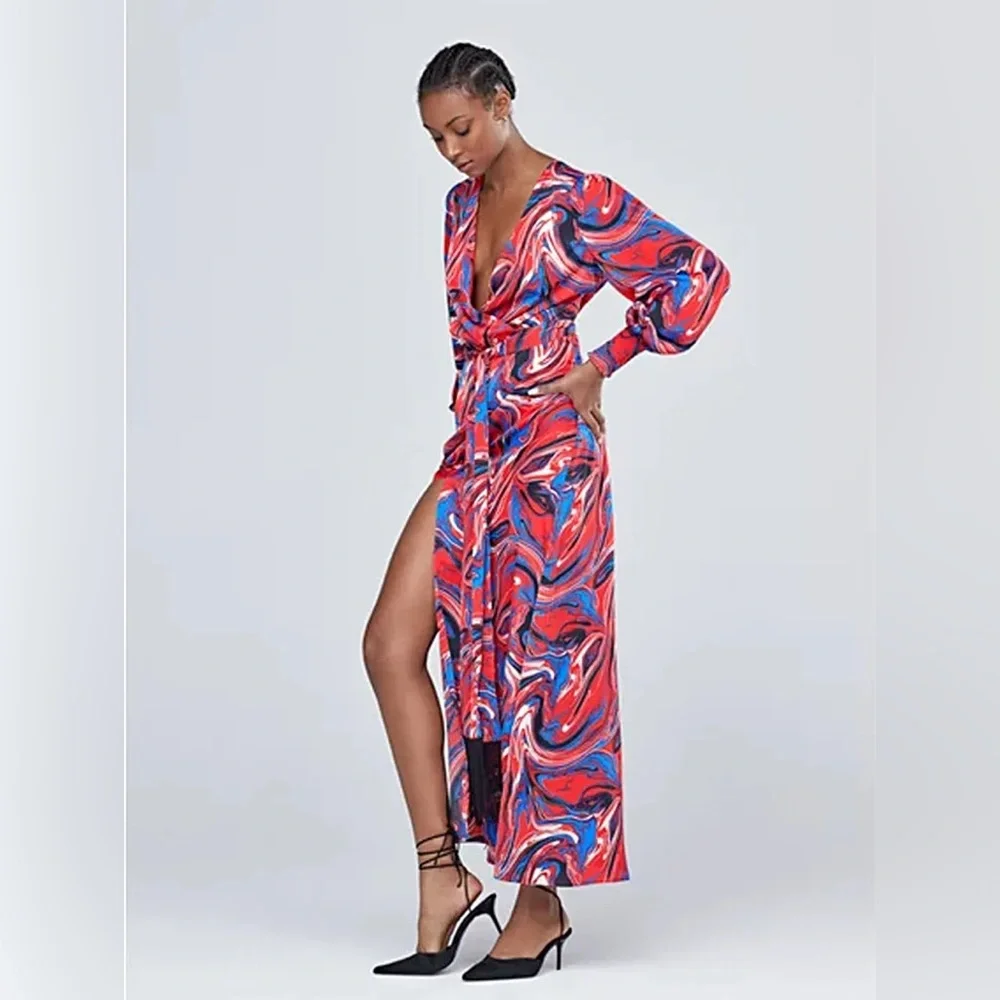 NWT Gabrielle Union x New York & co. Womens M Red Blue Marble-Print Maxi Dress