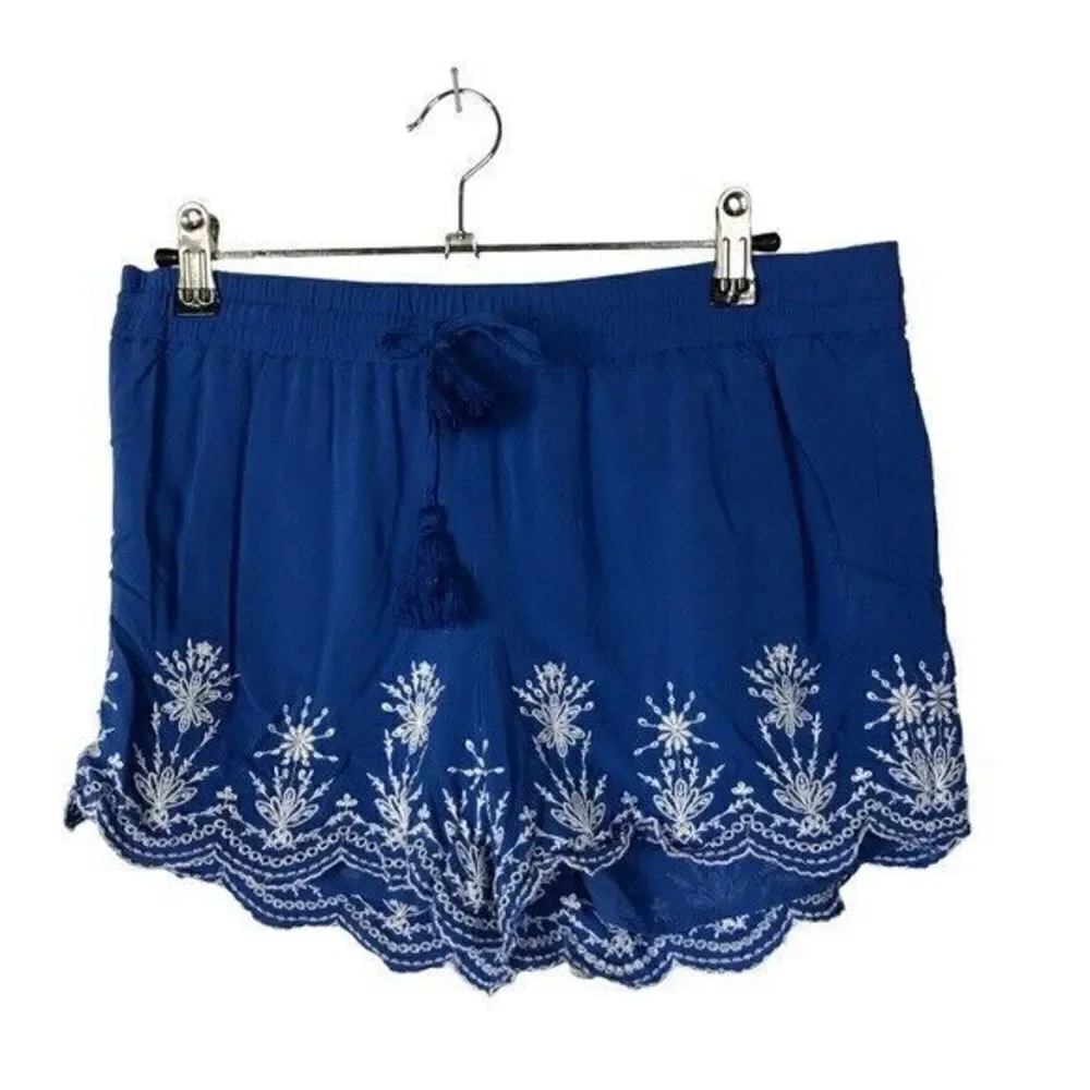 Ann Taylor LOFT Blue & White Embroidered Tie Waist Shorts XS