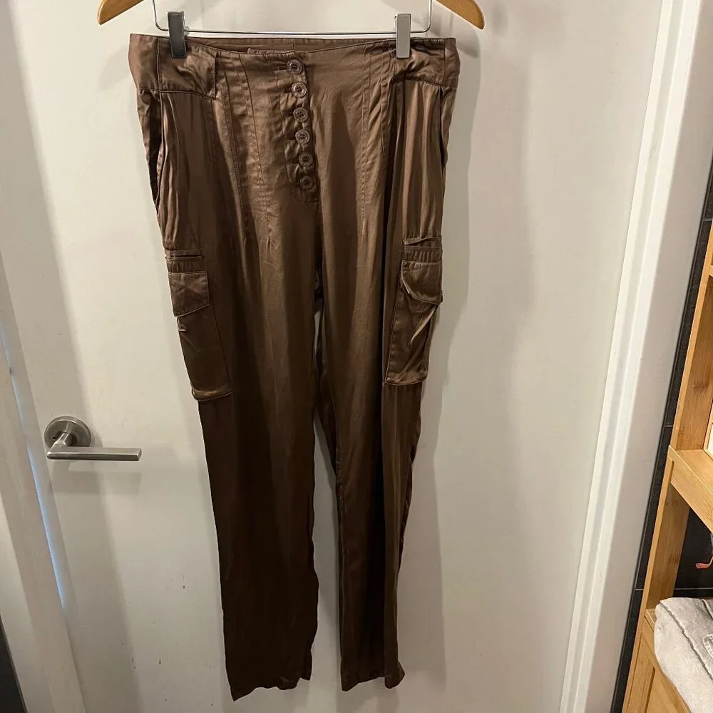 Y2K GUESS BY MARCIANO‎ 100% Brown Silk Cargo Pants Size 42 (10)