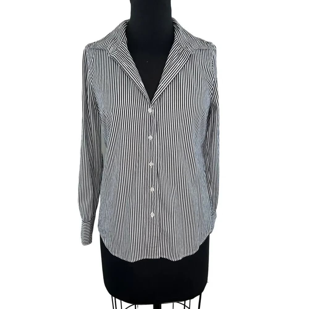J Crew Stretch Perfect Top White Black Stripe Button Up Long Sleeve Shirt PS