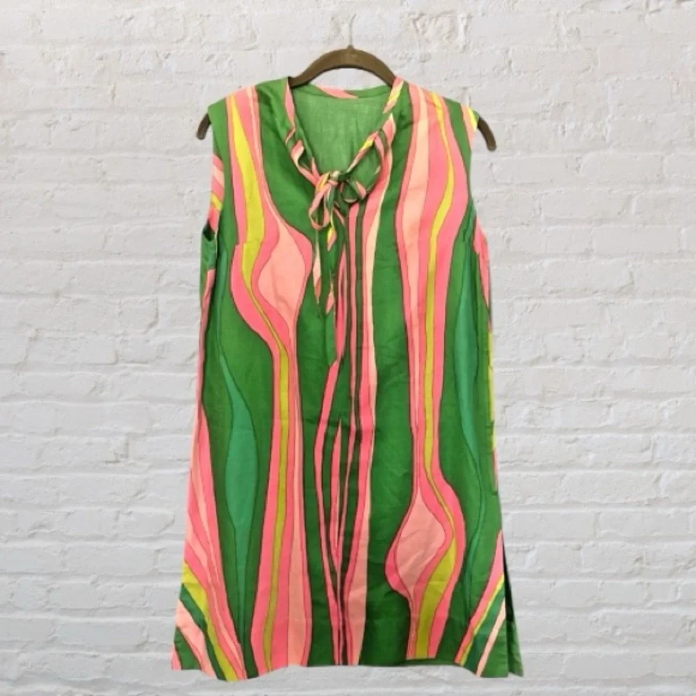 VINTAGE SWIRLY MINI Vibrant Green and Pink Sleeveless Dress S/M