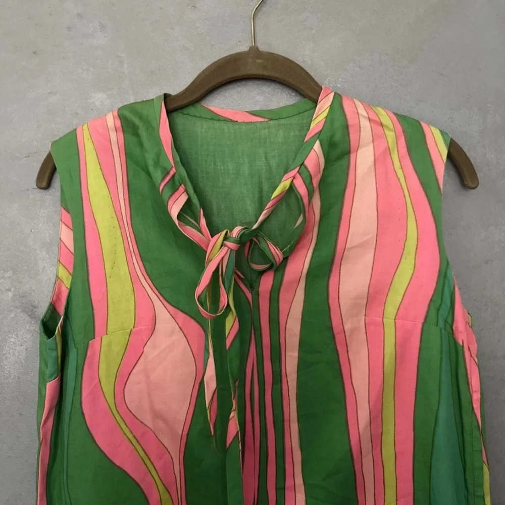 VINTAGE SWIRLY MINI Vibrant Green and Pink Sleeveless Dress S/M