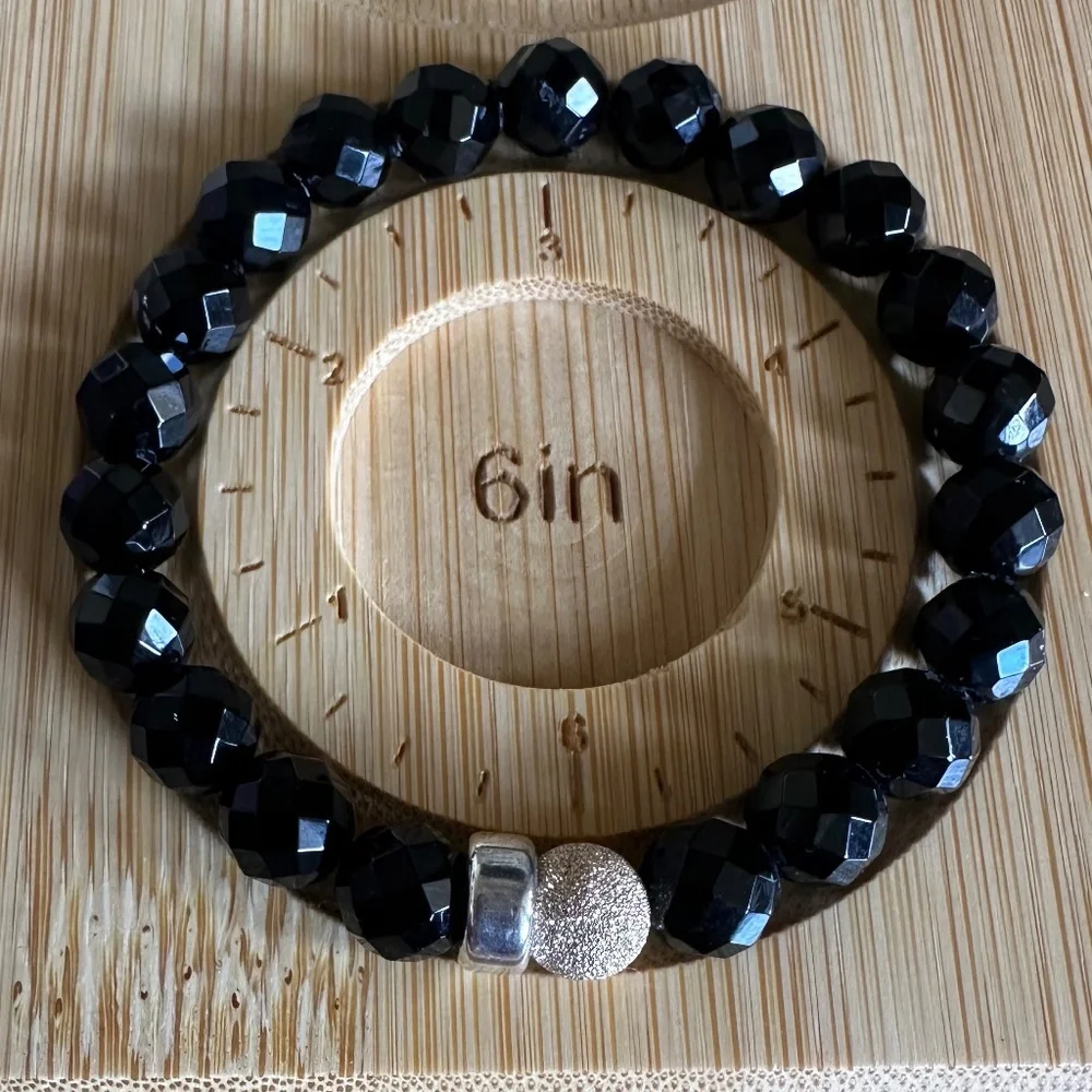 Polished Faceted 8mm Onyx Stretch Bracelet w/ 14k Gold Filled & Sterling Silver
