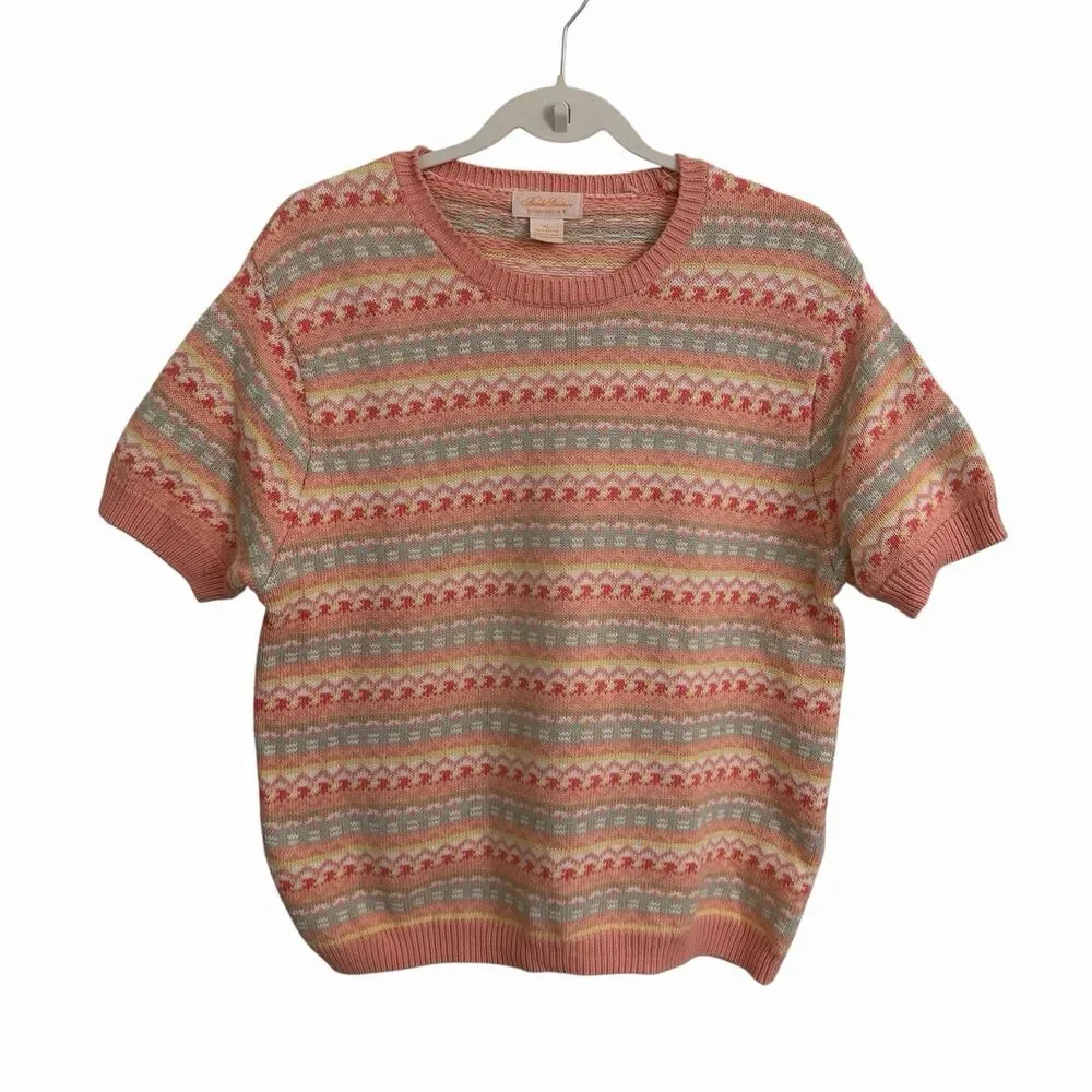 Brooks Brothers Womens XL Fair Isle Knit Sweater‎ Top Pink Cotton Short Sleeve