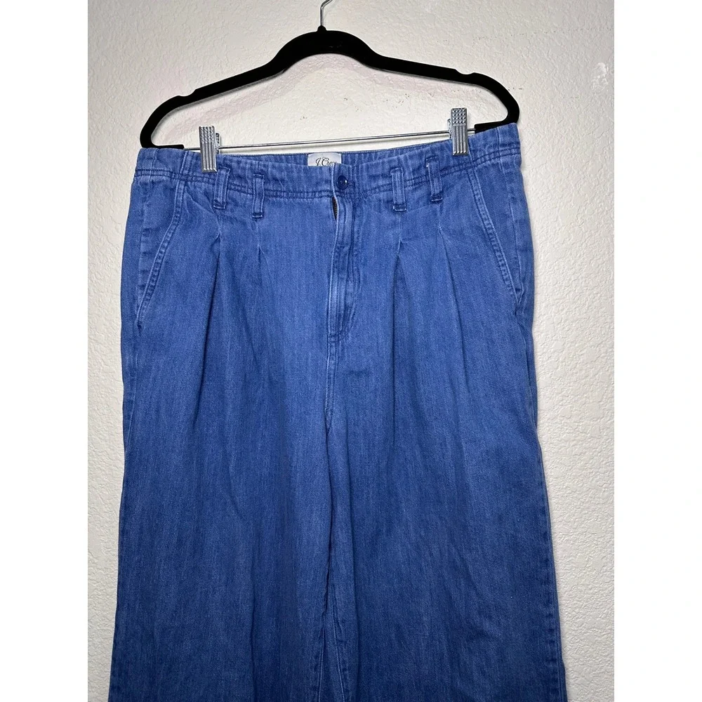 J.Crew Denim Wide Leg Pleated Cotton Linen Blend Pants Medium Wash Blue Size‎ 12