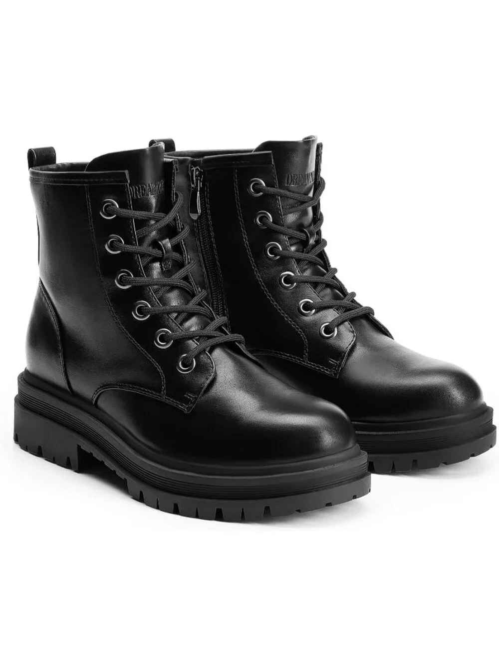 Women's Black Thermoplastic Lace Up Platform Side Zipper Lug Sole Ankle Booties