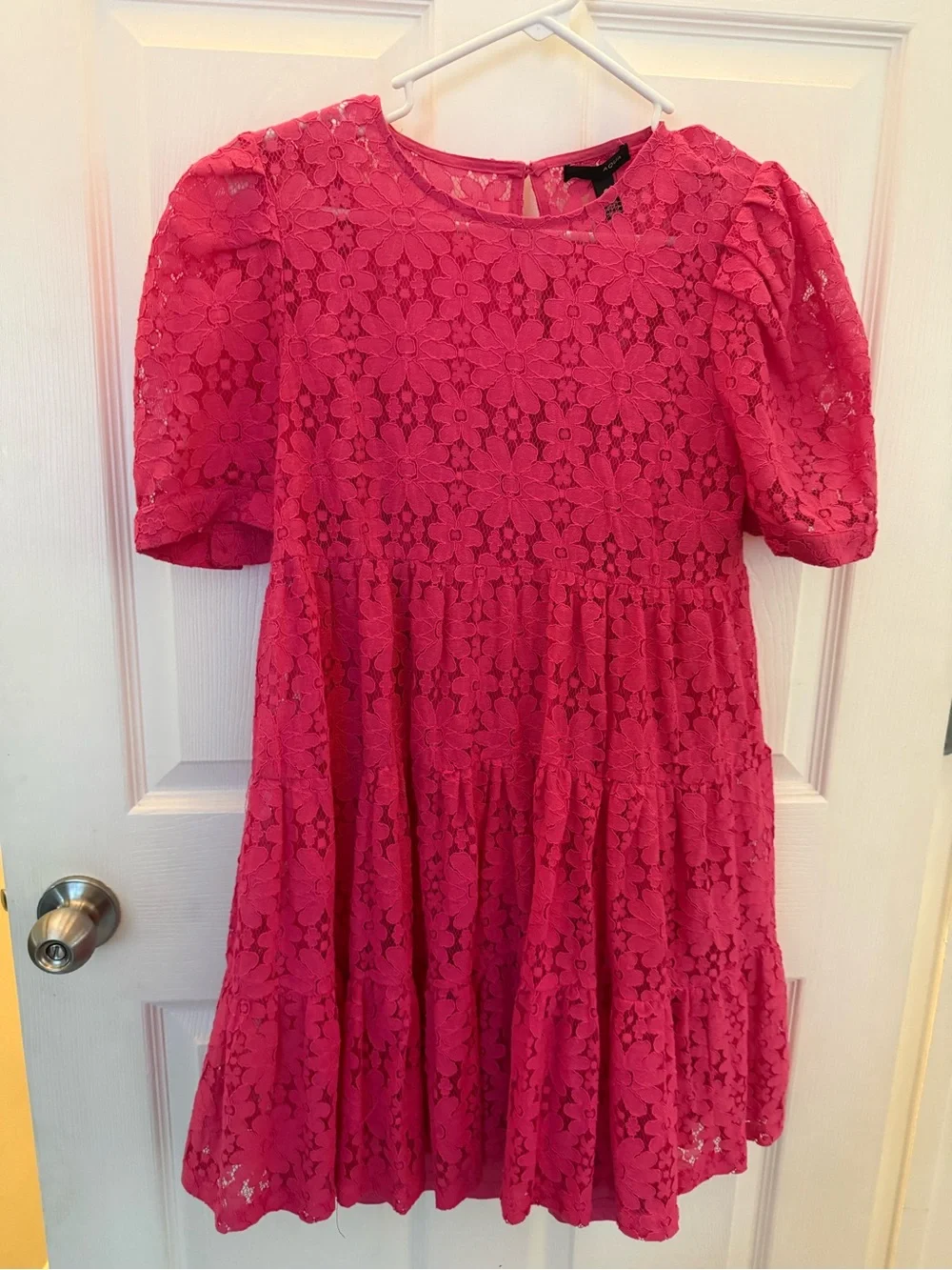 Aqua Bright Pink Lace Puff-Sleeve Babydoll Dress