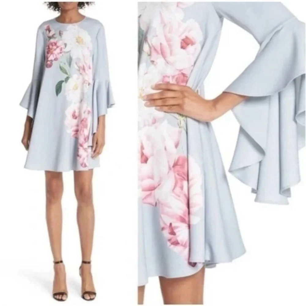 ✅ Ted Baker Dress Sayda Cascading Sleeve Shift Mini in Iguazu Silver