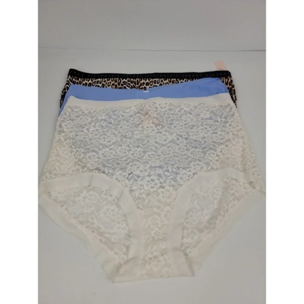 Victorias Secret PINK Panty Bundle Large Lace Leopard Blue 3 Pack NEW