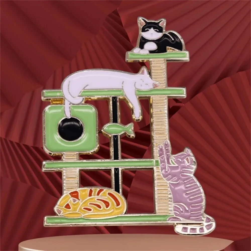 Cat Tree Crazy Slouchy Shelf Kitty Enamel Pin Lapel Brooches On Backpack