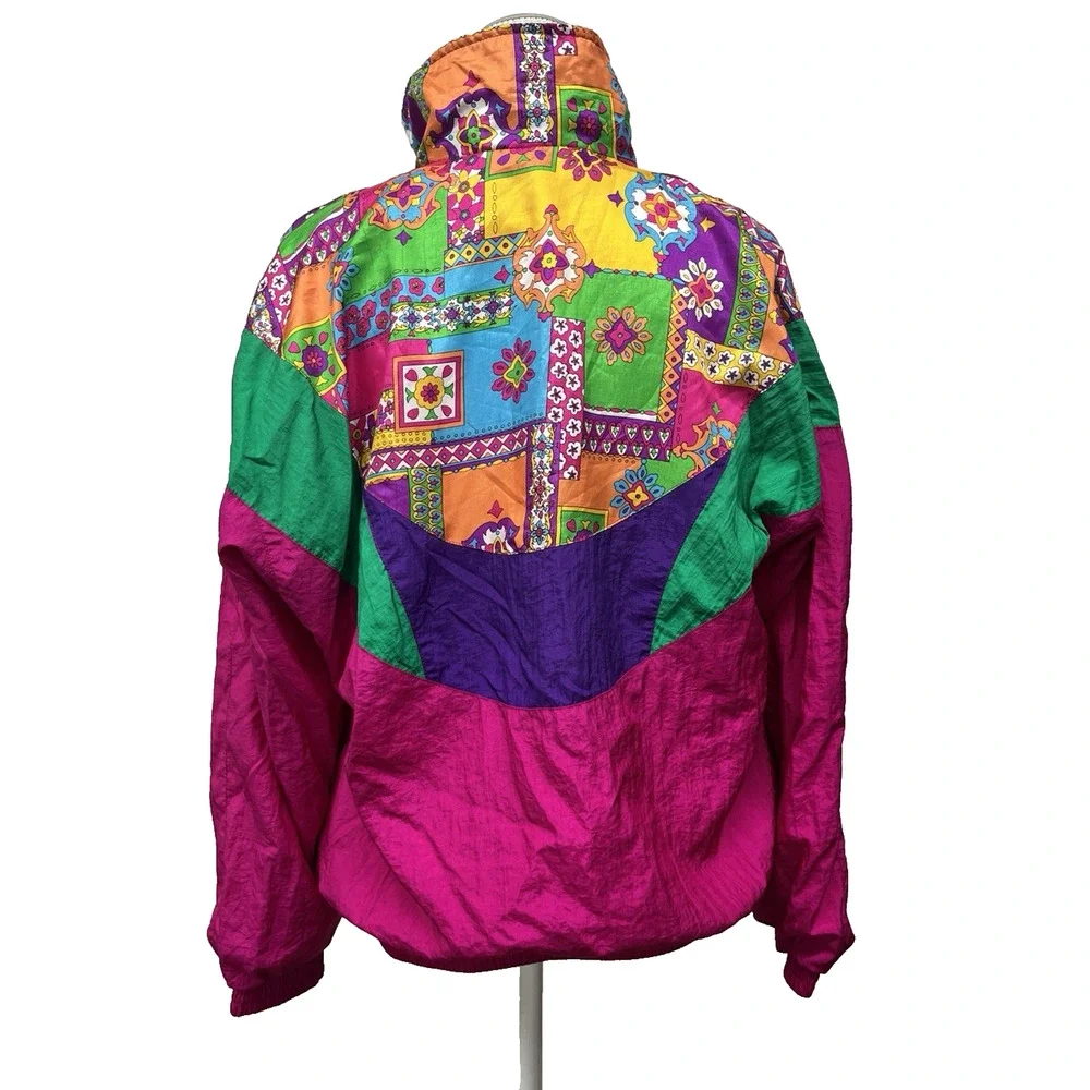 Vintage Windbreaker Jacket Women Large Nylon Loud Geometric Pattern Retro 80s 90
