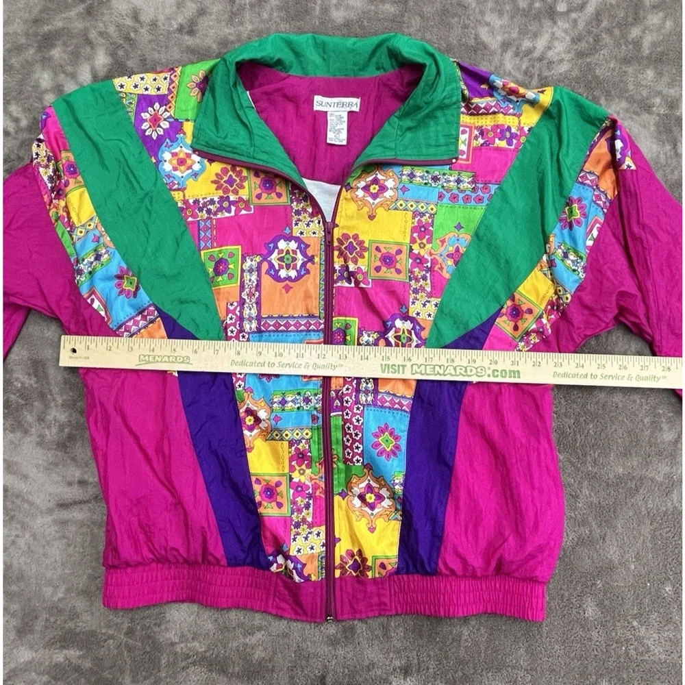 Vintage Windbreaker Jacket Women Large Nylon Loud Geometric Pattern Retro 80s 90