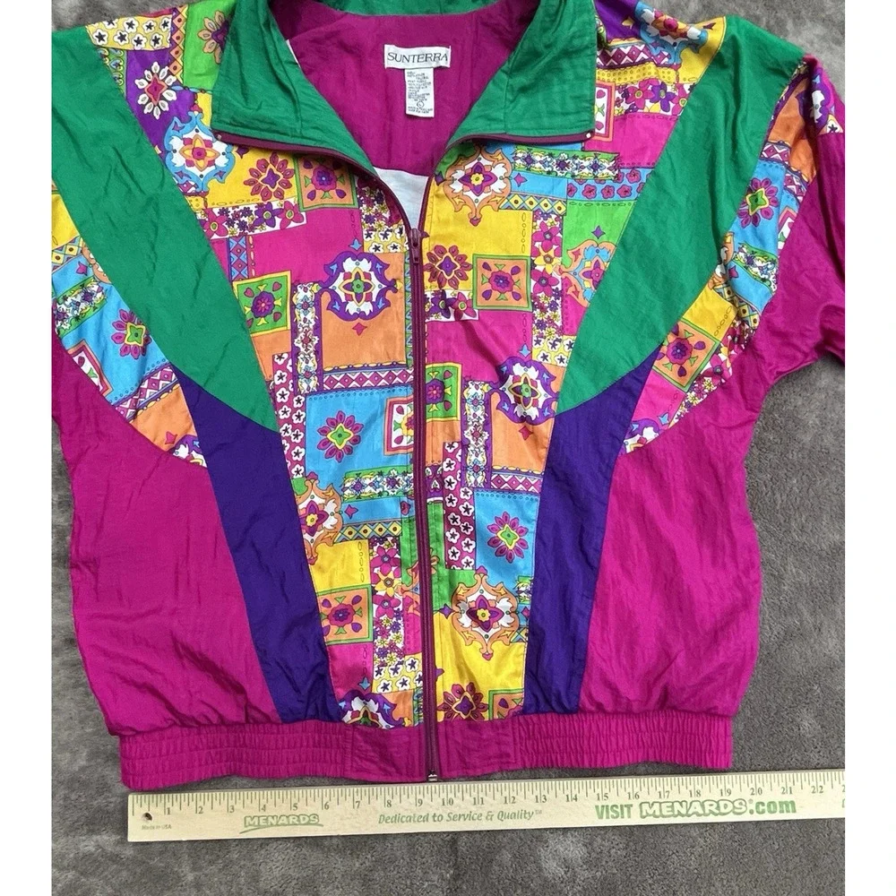 Vintage Windbreaker Jacket Women Large Nylon Loud Geometric Pattern Retro 80s 90