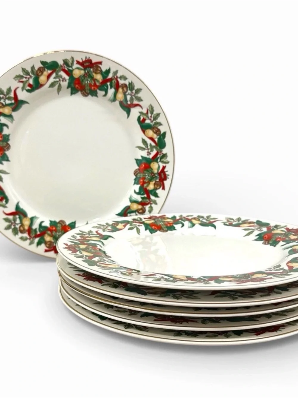 AMC Christmas Bounty Dinner Plates Set of 6 Japan Gold Trim Holiday 10⅜” Vintage