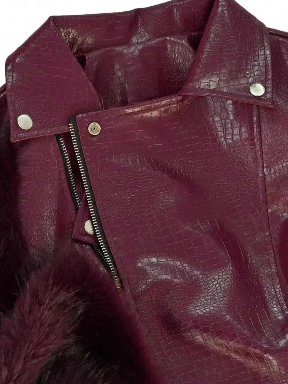 Burgundy Casual Women's Faux Fur Crocodile Jacket with Collar